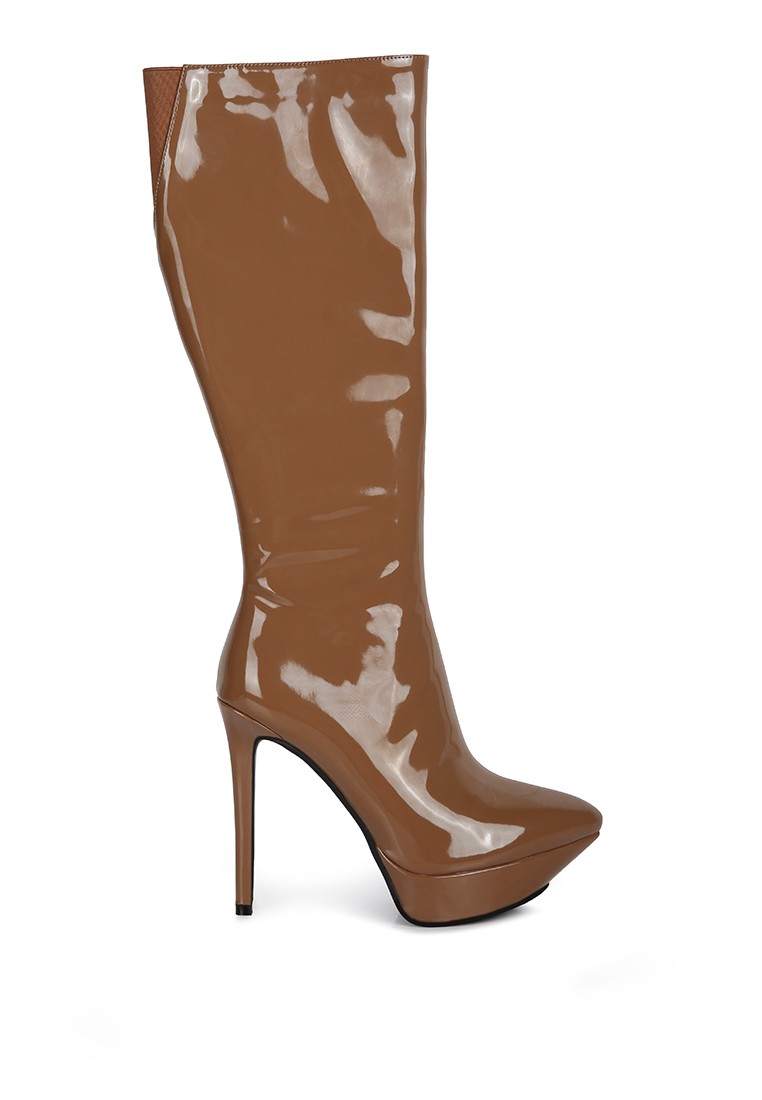 Tan Patent Stiletto Heeled Knee high Boots