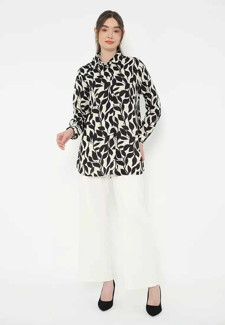 Shirt Linen Combination Cream Floral Black Arlette By Brilliant Girl Warna Cream