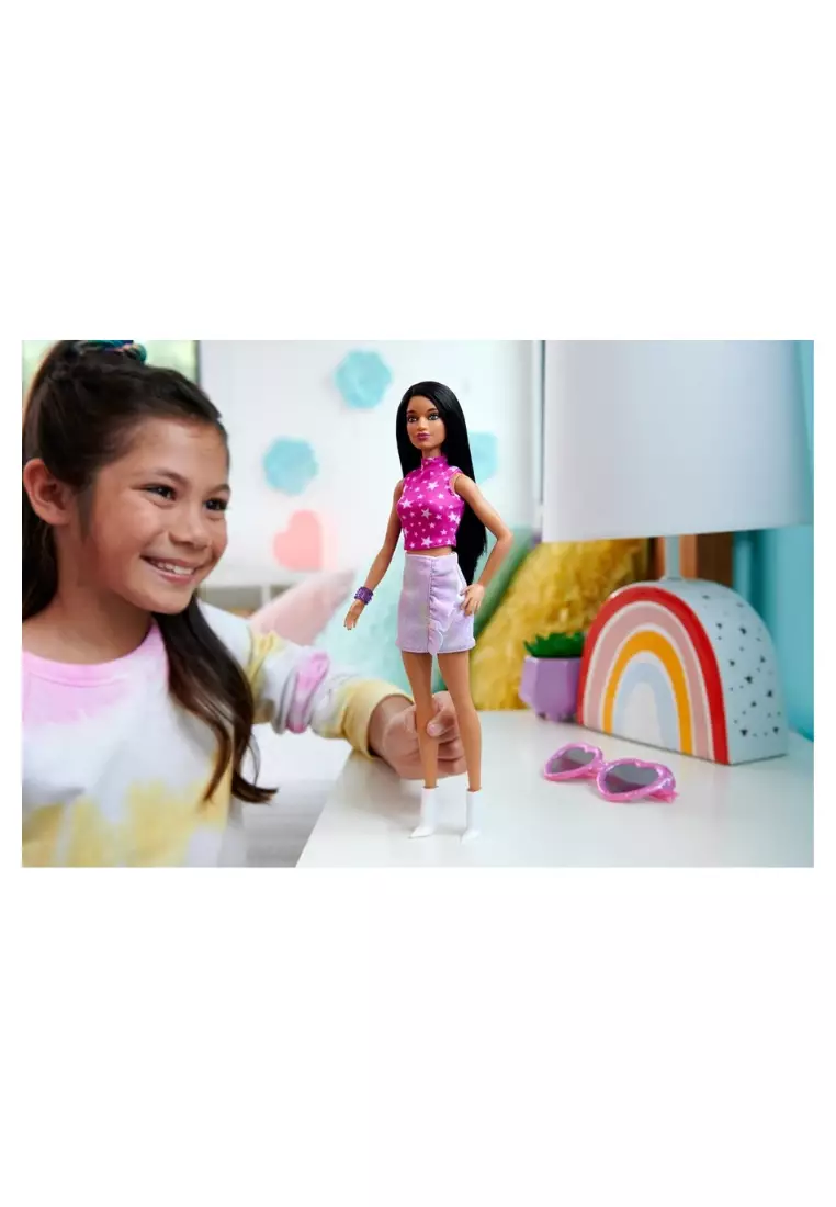 Buy Barbie Barbie Fashionistas Doll #215 with Black Straight Hair, Pink Star -Print Top & Iridescent Skirt, 65th Anniversary Collectible Fashion Doll  2024 Online
