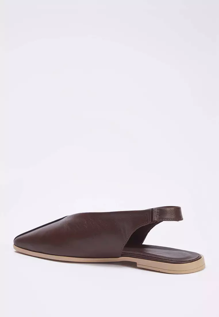 Dark Brown Genuine Leather Open Back Square Toe Women'S Ballerinas Takss25Be00018