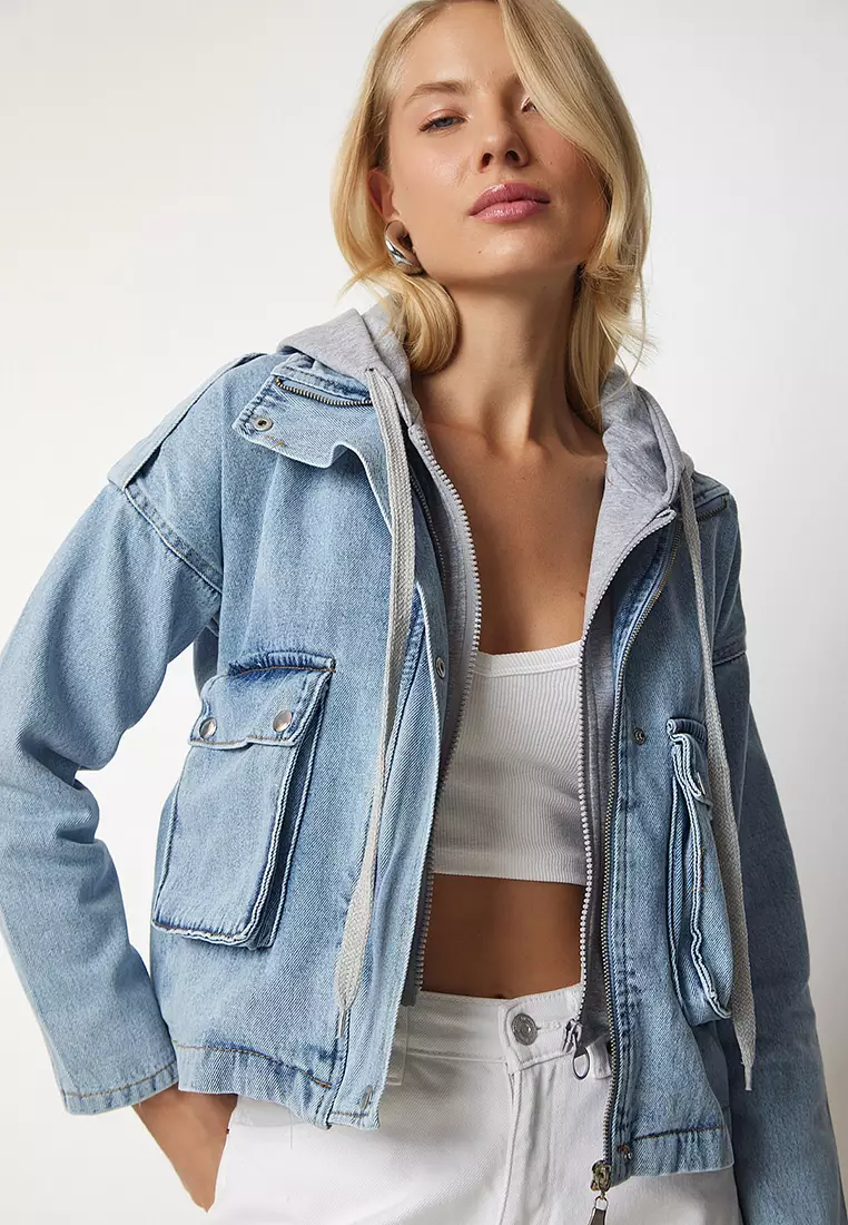 Sweatshirt sleeve clearance hooded denim jacket