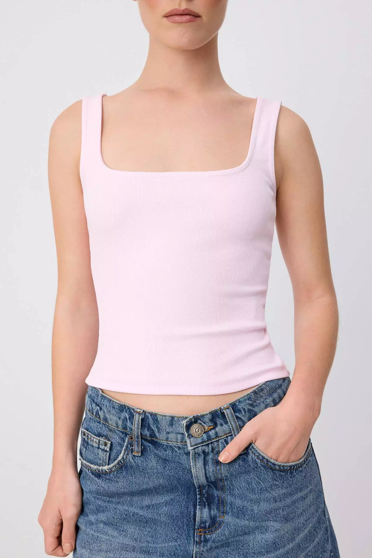 Pink Plain Fitted Square Neck Standard Sleeve Sleeveless Ribbed Stretchy Knitted Undershirt Twoss26Al00097