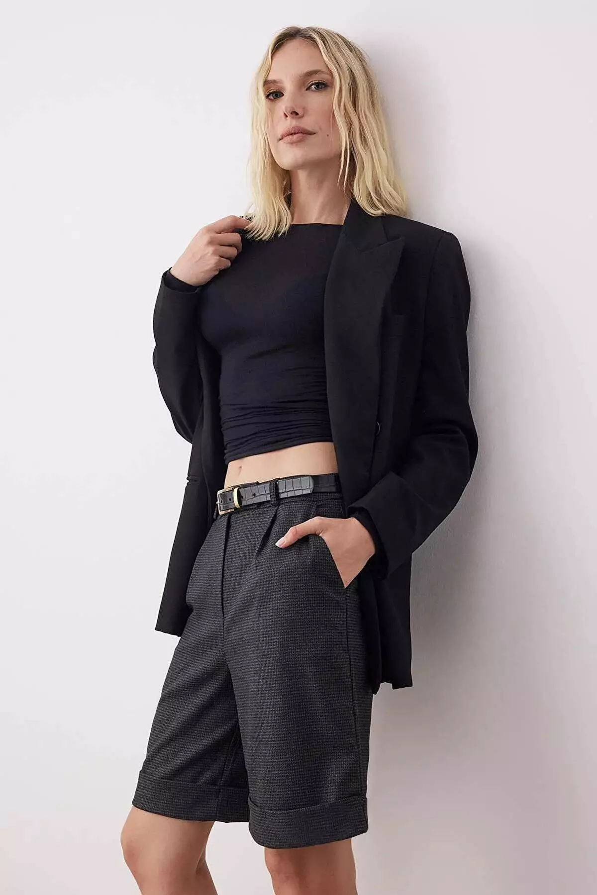 Anthracite Mini Houndstooth Patterned Double Leg Fabric Shorts & Bermuda