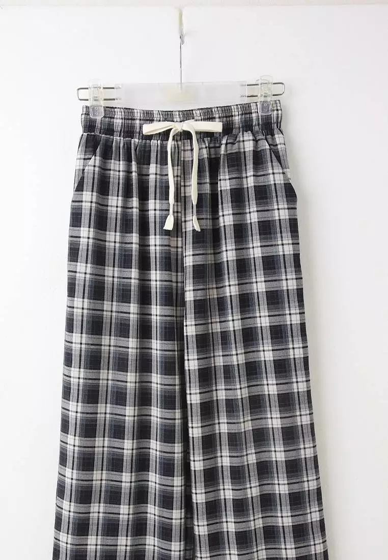 Plaid Elastic Waist Straight Wide-Leg Pants [BA7871]