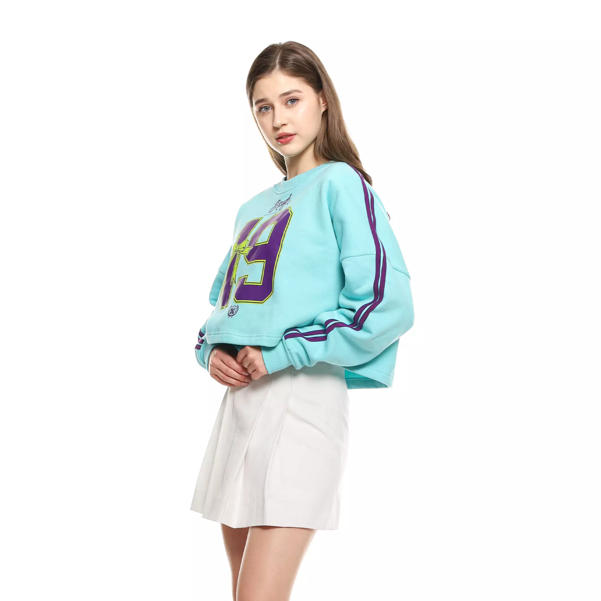 Enough For Today - Sweater Crop Oversize Crewneck Wanita Coquette 19 Skyblue Korea Variasi Garis