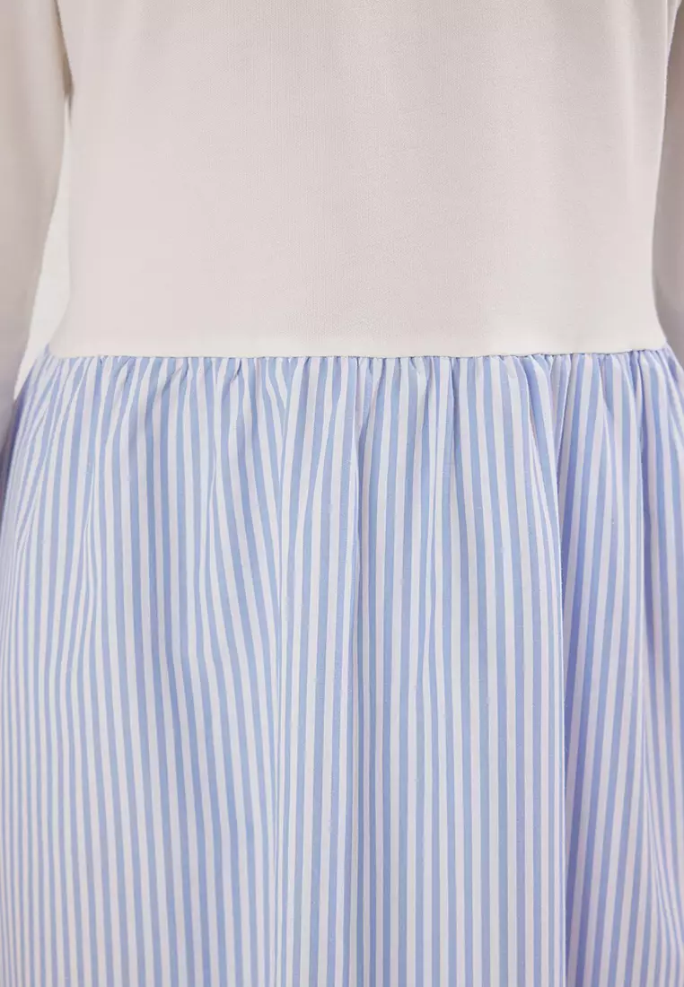 Blue Striped Woven Fabric Skirted Jersey Knit Dress Tctss25Eb00146
