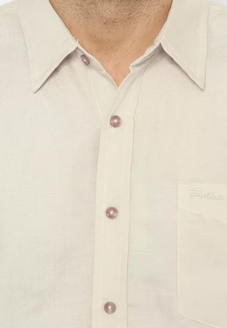 POLICE Kemeja Polos Linen Slub Cream Regular Fit Pria