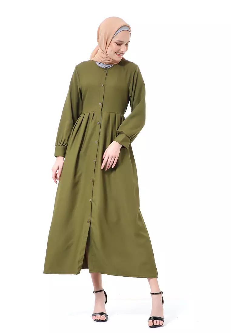 Kiyah Dress Button Muslimah Atasan Wanita Long Sleeve Premium Quality - Army