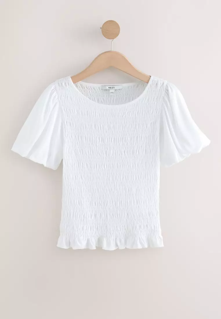 Shirred Short Sleeve Crew Neck Top