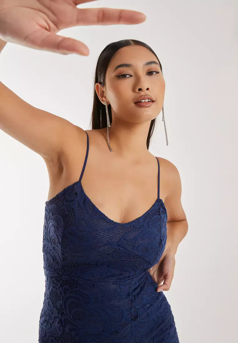 Pink Vanilla Navy Lace Strappy Mini Dress