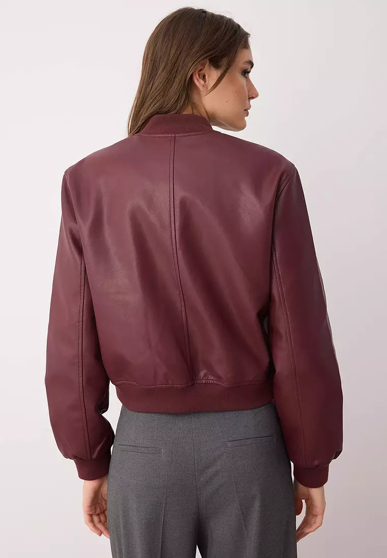 Burgundy Regular Fit Faux Leather Bomber Slim Jacket Coats