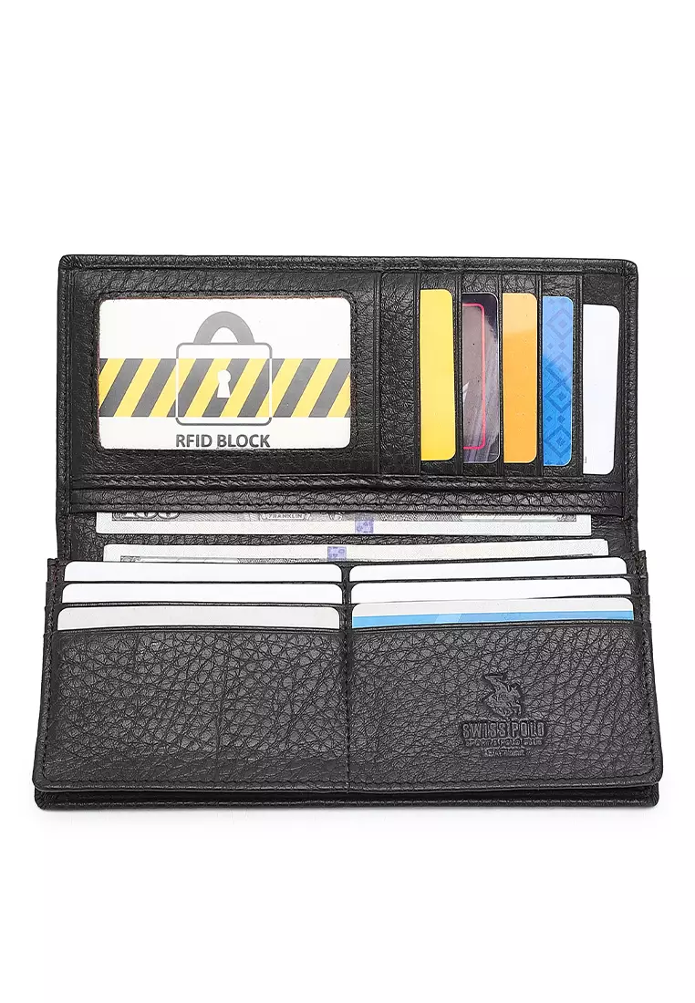 Genuine Leather RFID Long Wallet - Black