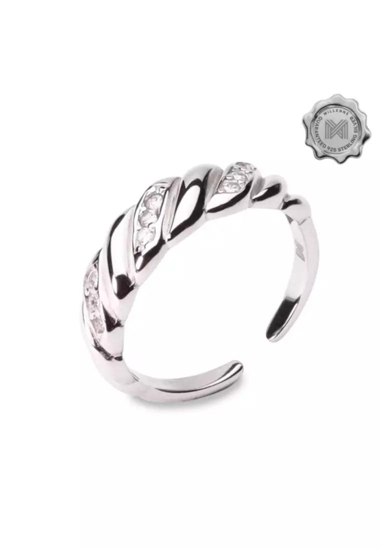 Millennia 2000 Croissant Studded Cubic Zirconia White Gold Ring with 925 Sterling Silver