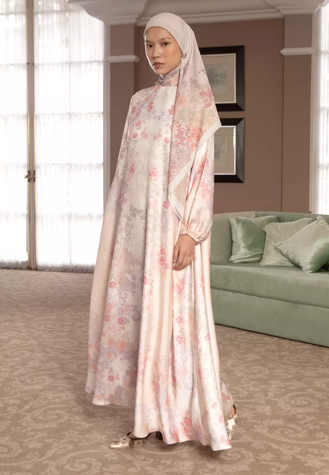 HijabChic Rosela Dress Peach - Baju Lebaran Dress Motif Floral