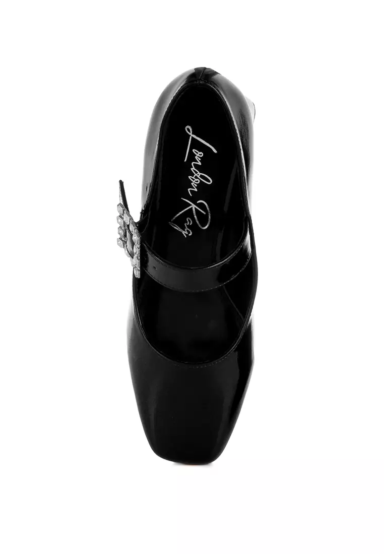 Diamante Brooch Metallic Mary Jane Pumps In Black