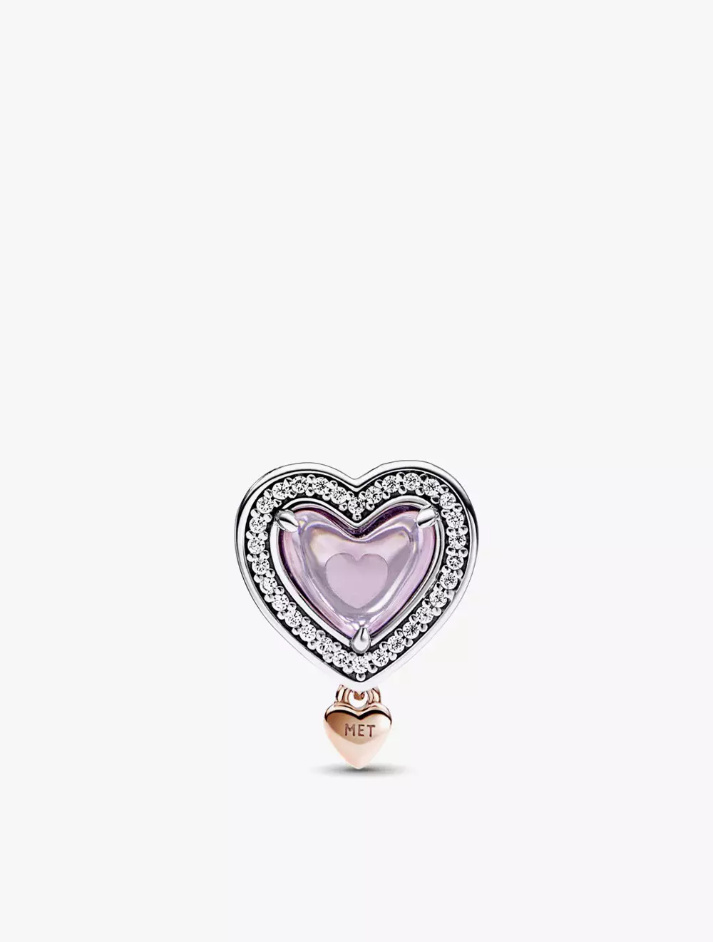Mom heart sterling silver and 14k rose gold-plated charm with clear, fancy fairy tale pink and pink  cubic zirconia