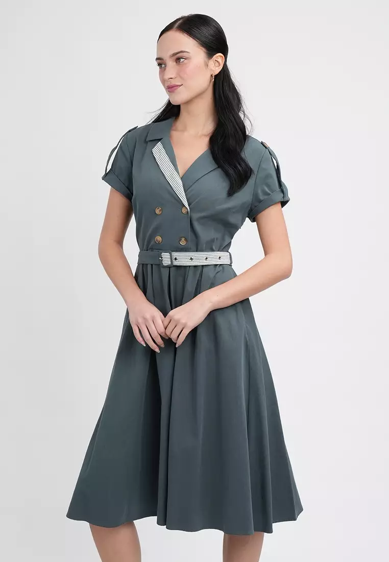 Maxine Button-Down Belted Midi A-Line Dress