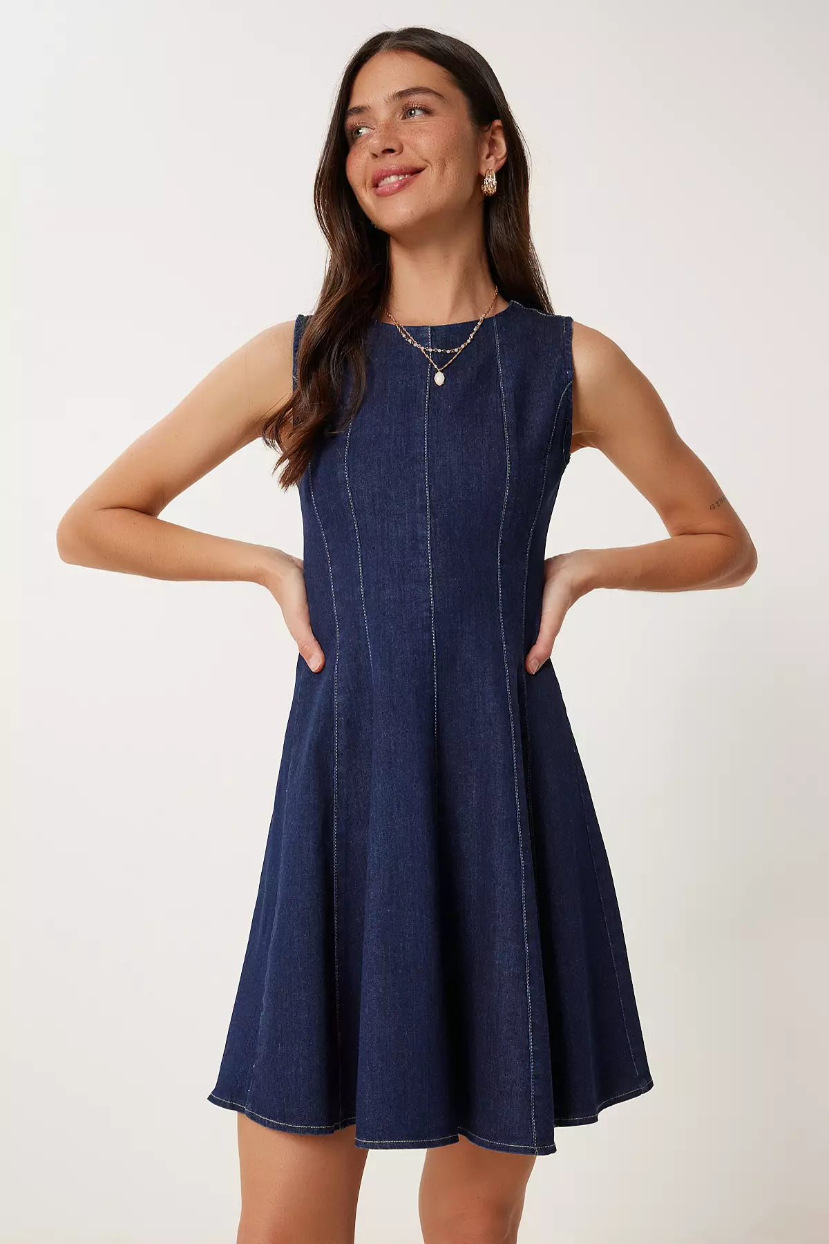 Women Dark Blue Flounced Mini Denim Dress Kq00012