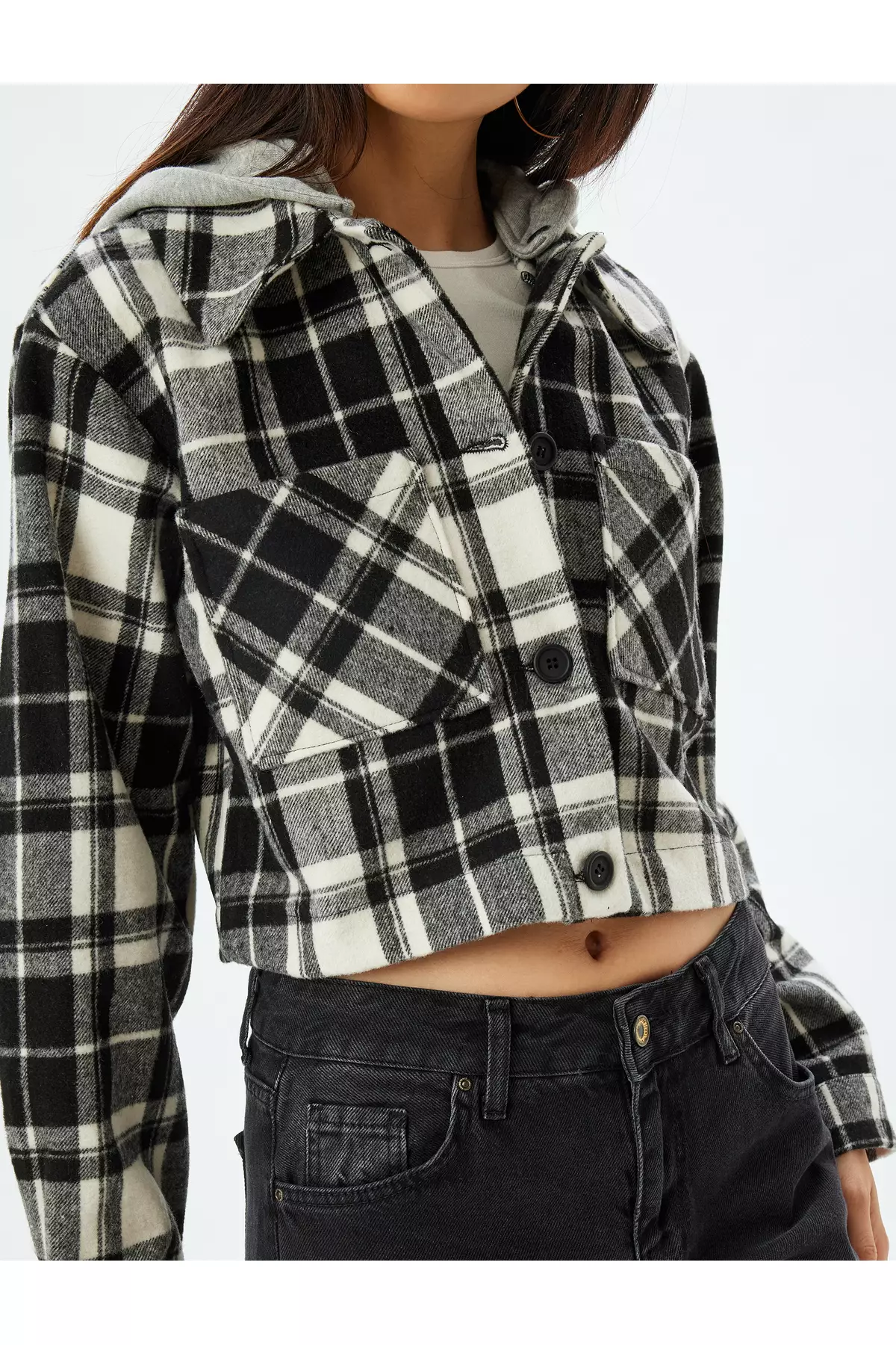 Plaid Crop Cashmere Shirt Jacket Hooded
