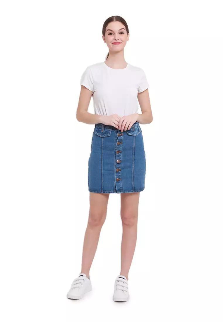 Katty Skirt Mini Jeans Motif Plain Bawahan Wanita Regular Fit - Medium Blue