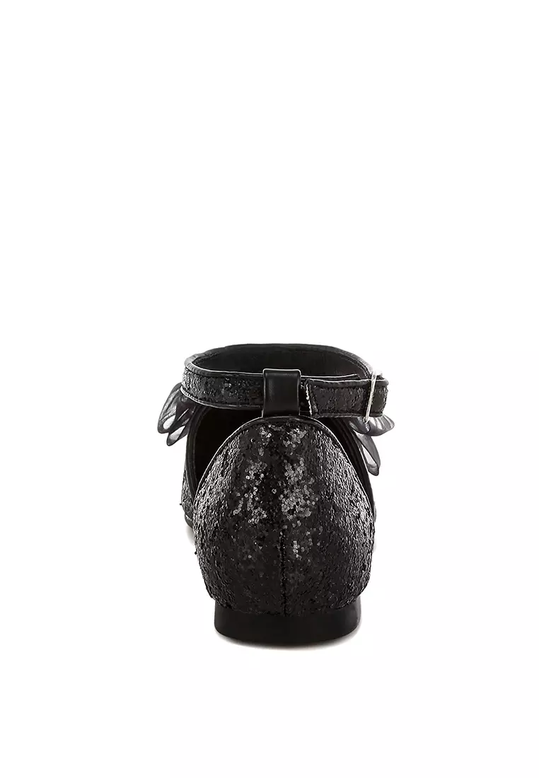 Sandal Datar Glitter Berdetail Pita Tipis Warna Hitam