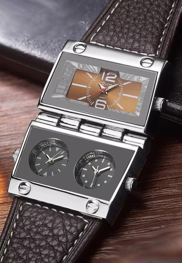 超大號男士石英腕錶 - 55x55 毫米 - 精鋼錶殼，棕色錶盤，黑色皮革錶帶