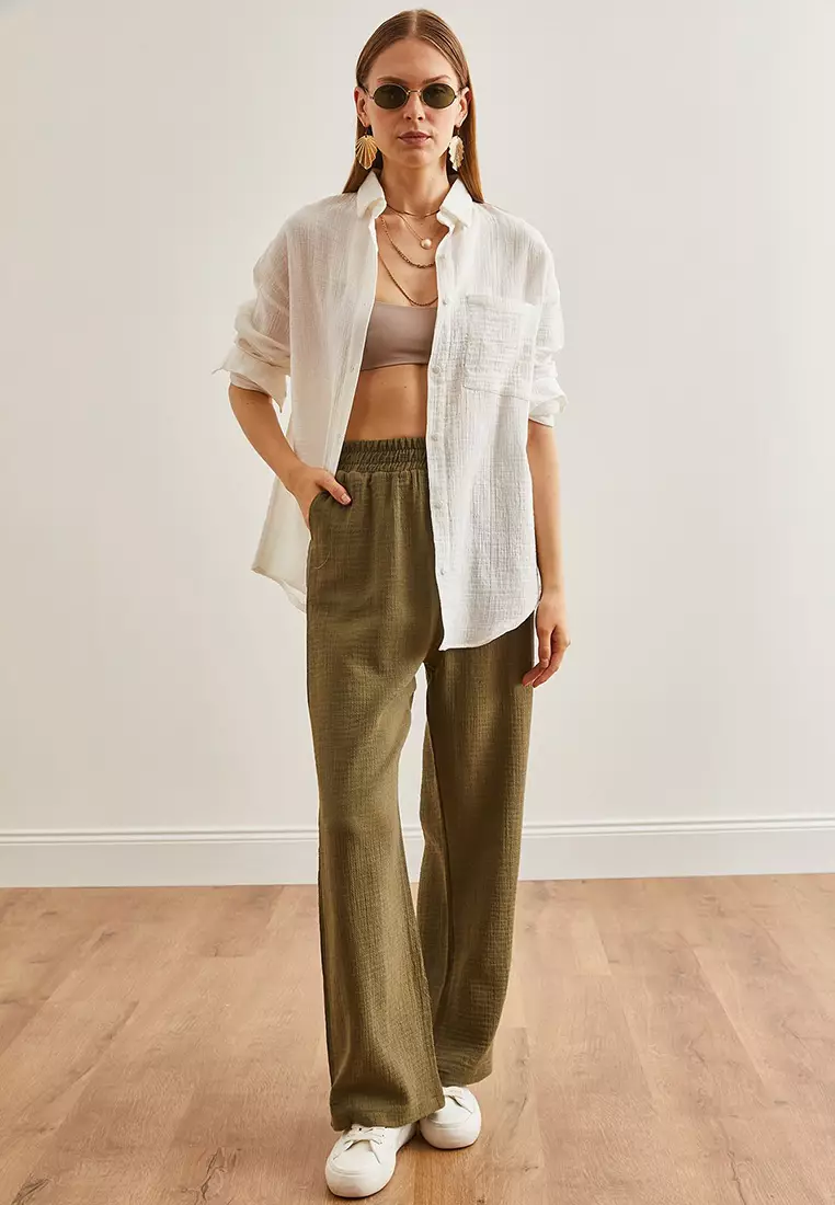 Elastic Waist Pocket Muslin Pants