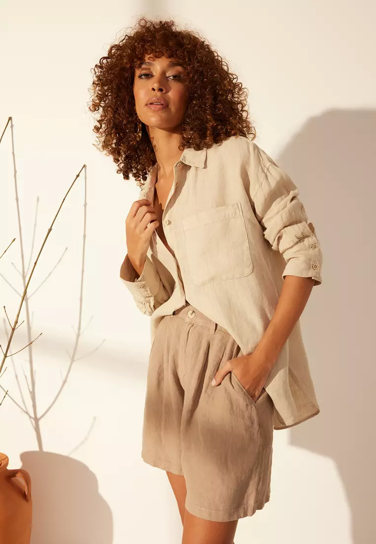 Beige 1% Linen Pocket Detailed Oversized Shirt Twoss26Go39