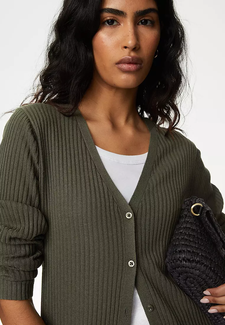 Ribbed Longline Cardigan with Linen