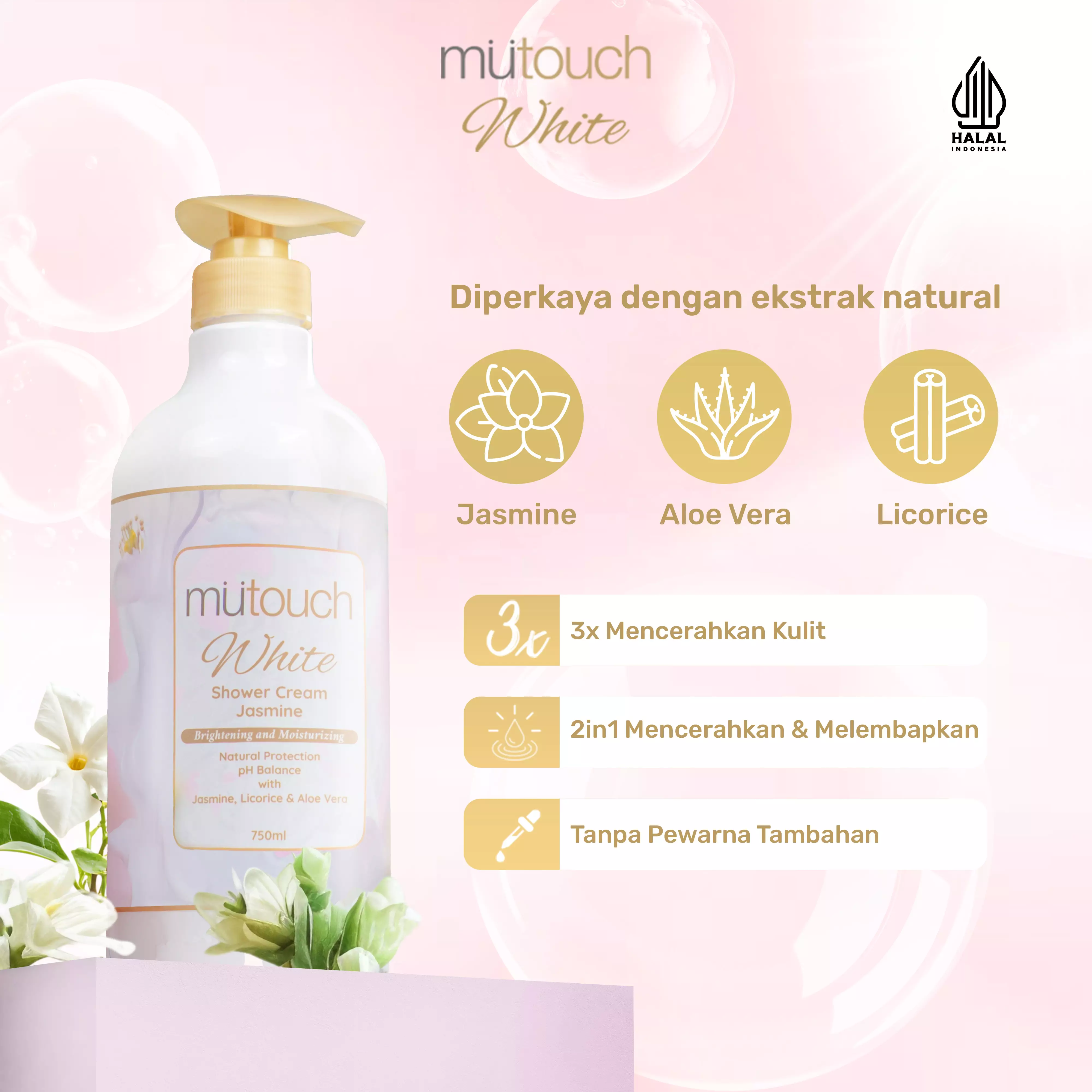 Mutouch White Shower Cream Brightening and Moisturizing 750ml FREE SHOWER PUFF