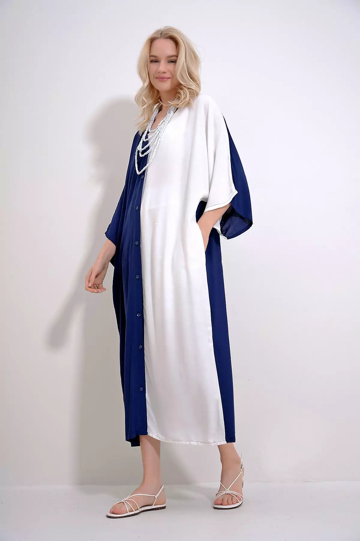 Women's Navy Blue-White V-Neck Front Buttoned Color Blocked Back Embroidered Woven Viscose Dress Alc-X11998