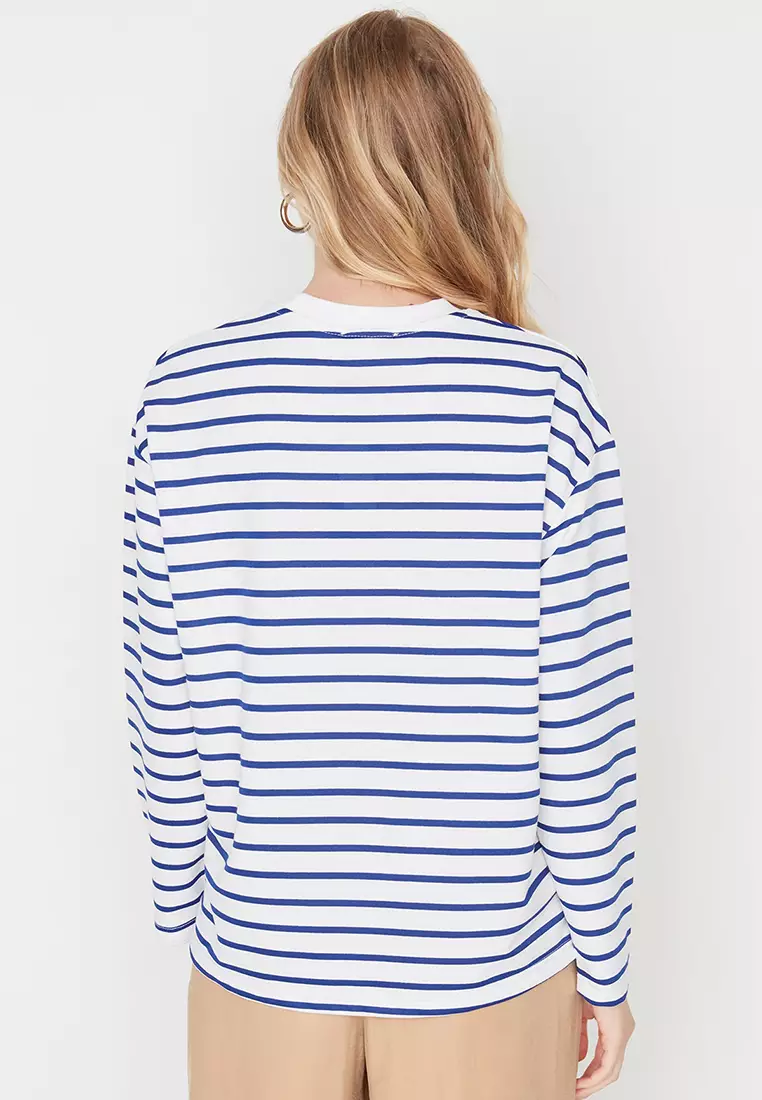 Striped Oversize/Wide-Fit Crew Neck Thin Knitted Sweatshirt