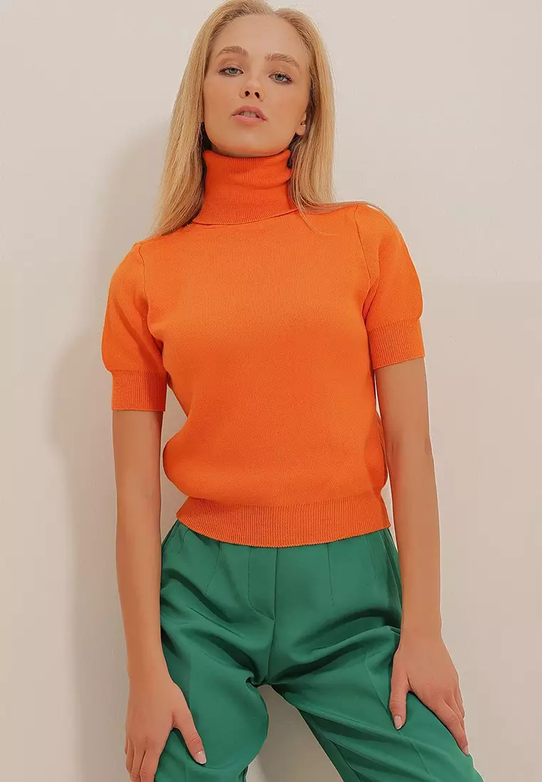 Women's Orange Turtleneck Short Sleeve Basic Knitwear Sweater Alc-X10997