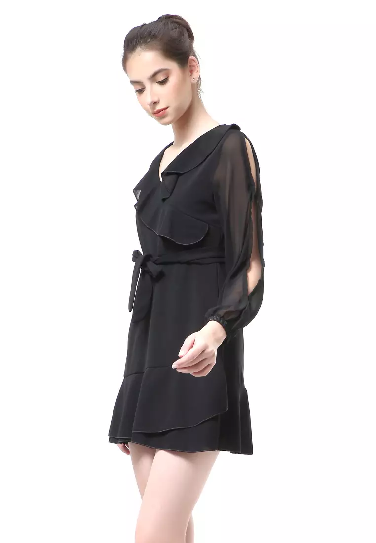 Rachel Sexy Dress Wanita Lengan Panjang Terbelah Model Tali Pinggang Stylish Material Polyester ORIGINAL - Black