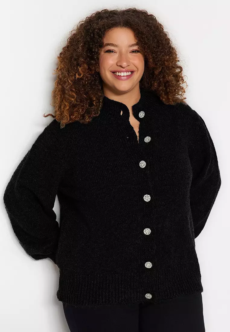 Black Stone Buttoned Knitted Cardigan Tbbaw24Av00019