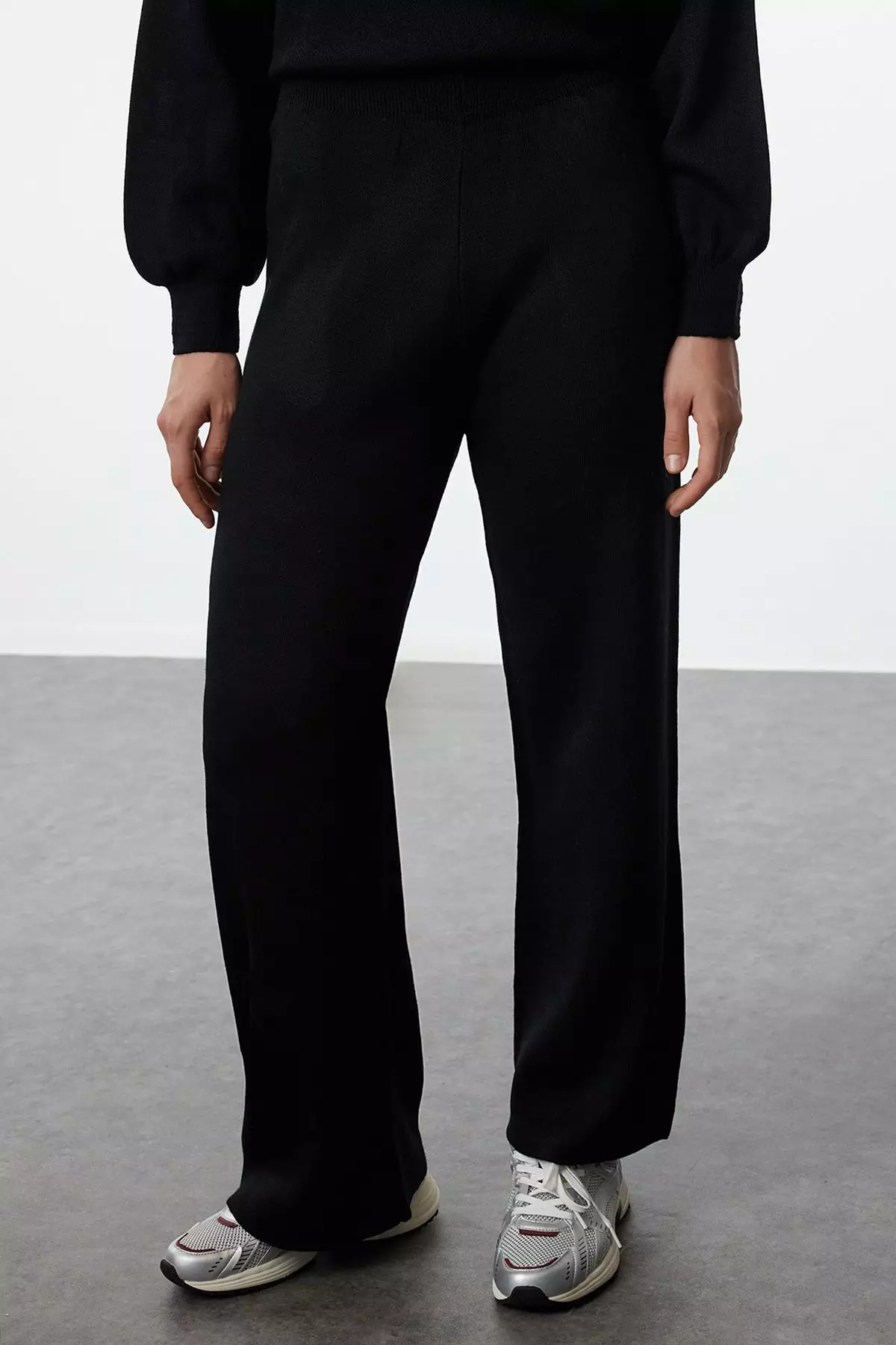 Black Wide Pattern Balloon Sleeve Knitwear Top-Bottom Set TWOAW24AU00067