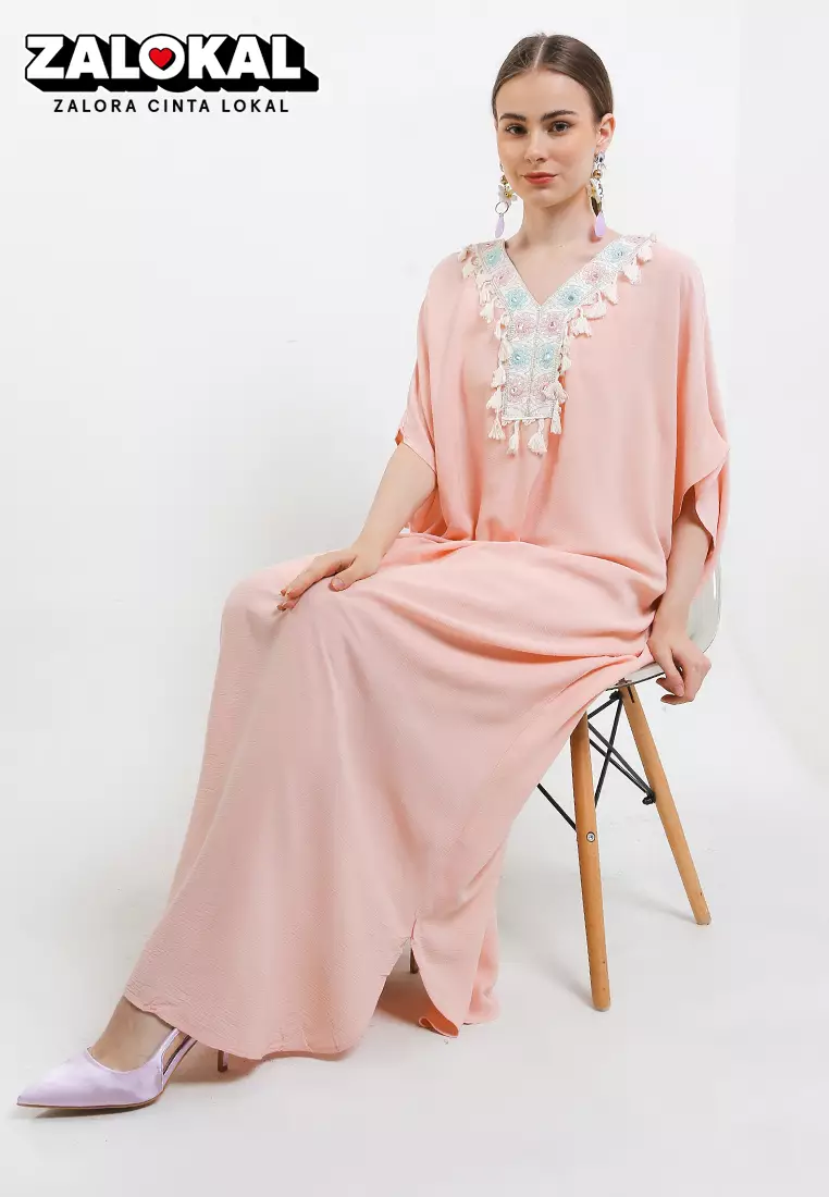 Mirror Work Tassel Detail Emb Crinkle Cotton Kaftan