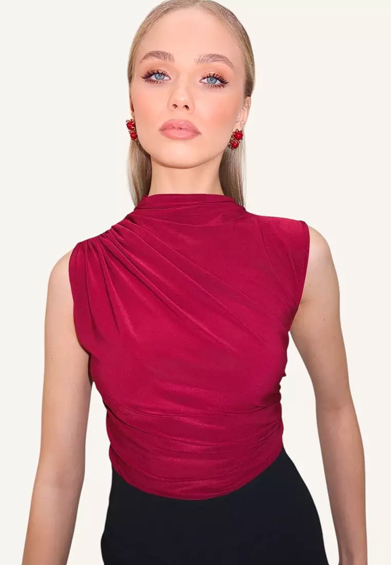 Women's Burgundy Stand Collar Shoulder Draped Sleeveless Sandy Blouse Alc-X10021