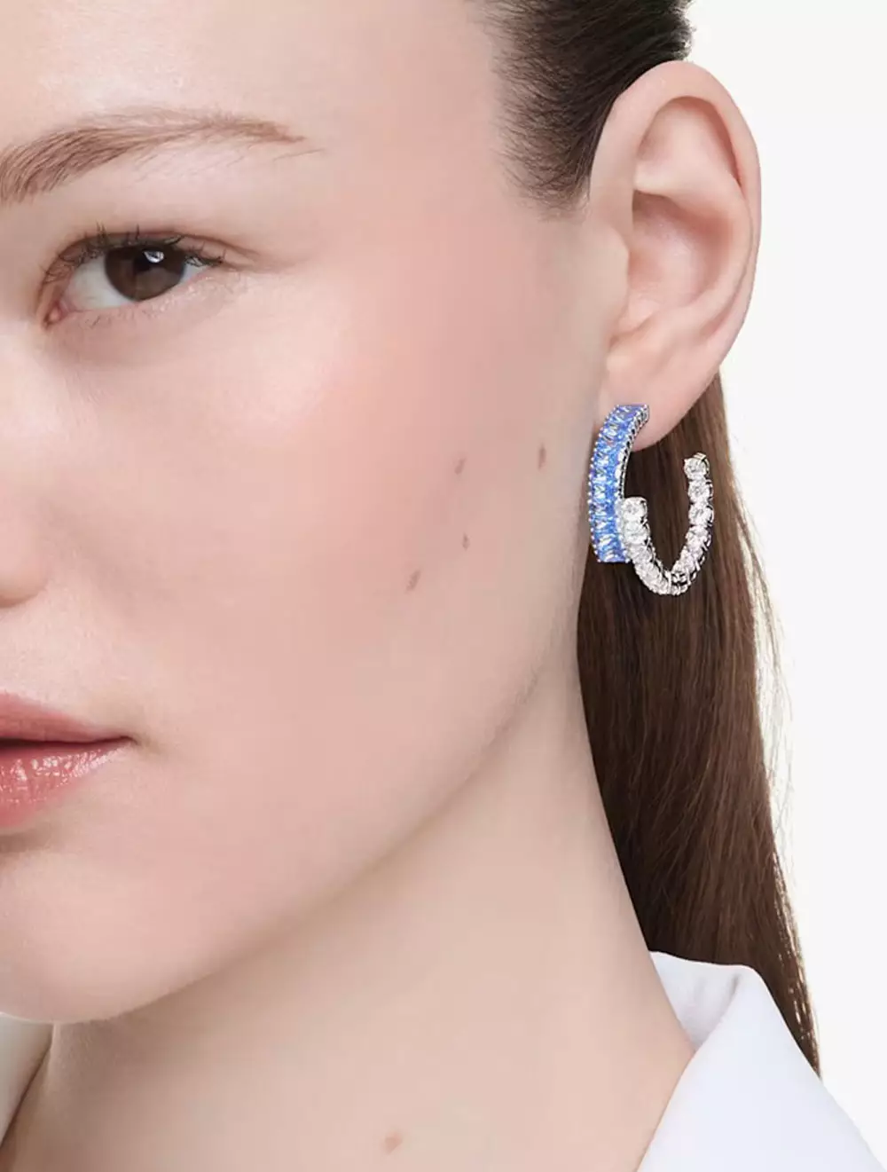 Matrix hoop earrings, Mixed cuts, Blue, Rhodium plated