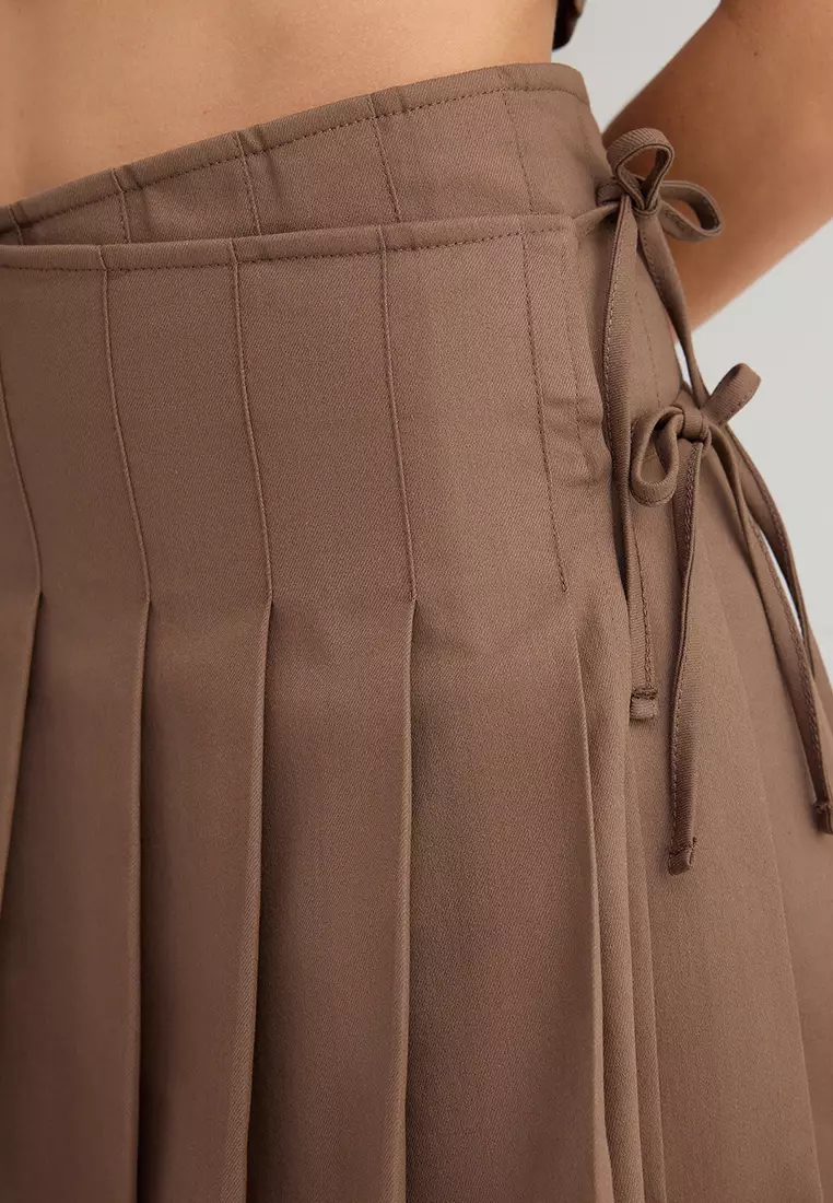 Light Brown Pleated Double Breasted Skirted Bow Crop Blouse Cotton Two Piece Bottom Top Set TWOSS25AU00111