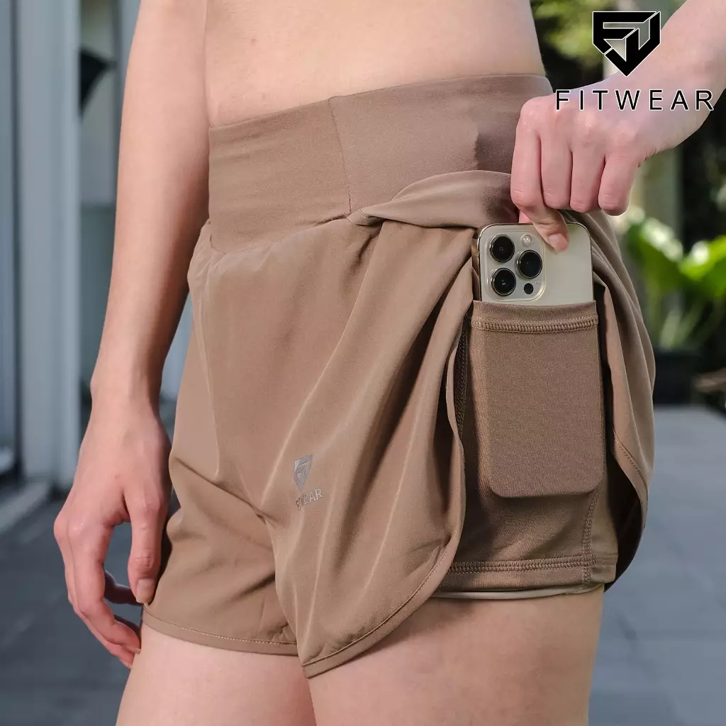 Fitwear - Celana Pendek Lari + Inner Olahraga Wanita LILIAN - MILK CHOCO