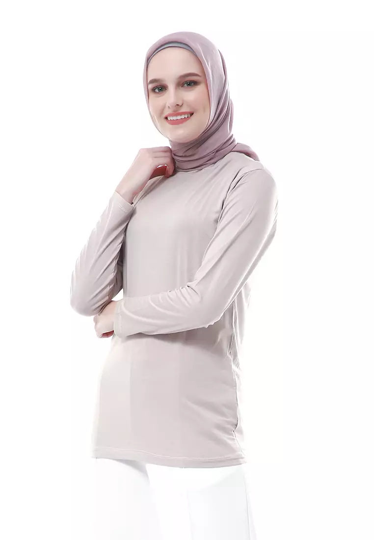 Zlora Manset Atasan Wanita Motif Polos Long Sleeve Reguler Fit - Warm Grey
