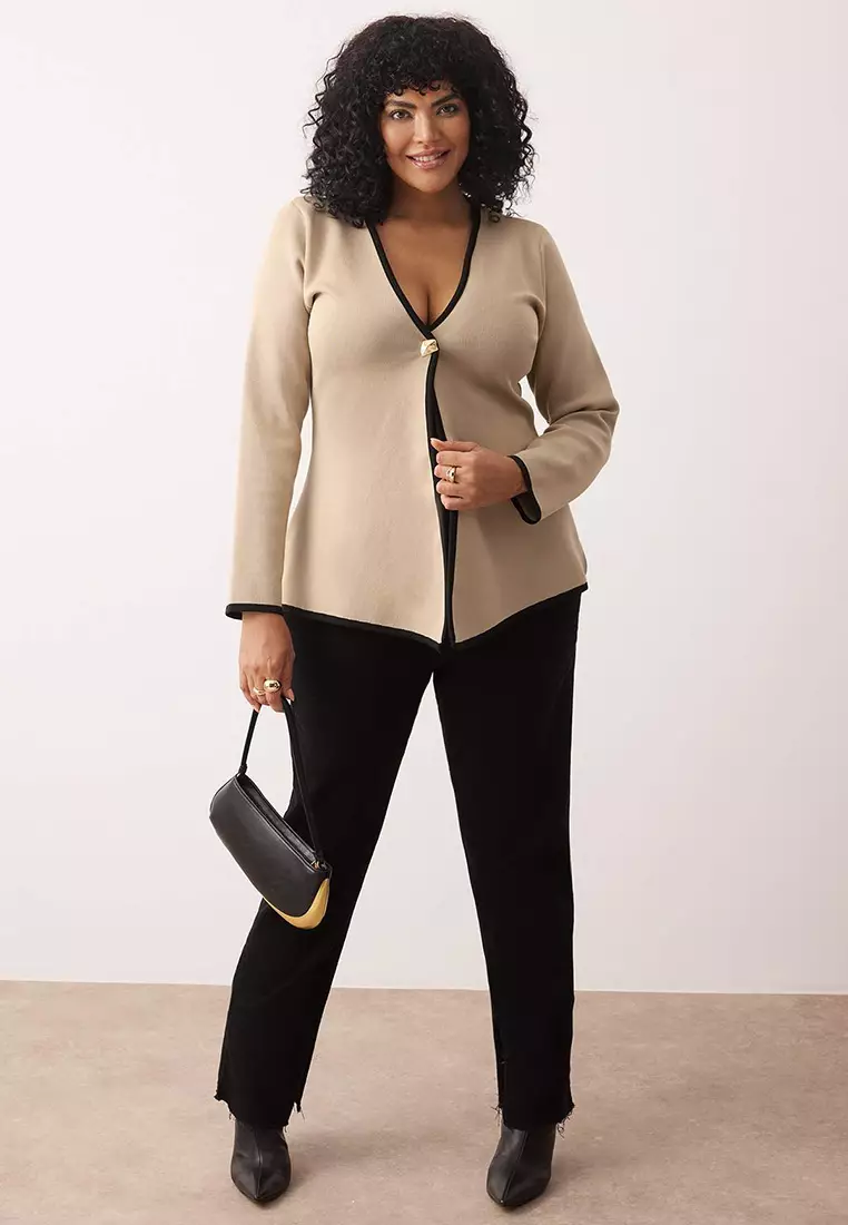Stone Piping Detailed Asymmetric Cut Knit Jacket-Look Cardigan