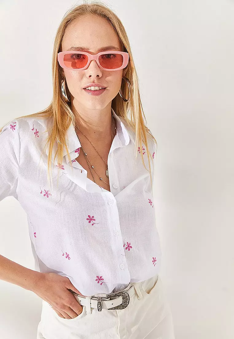 Floral Fold Sleeves Linen Shirt