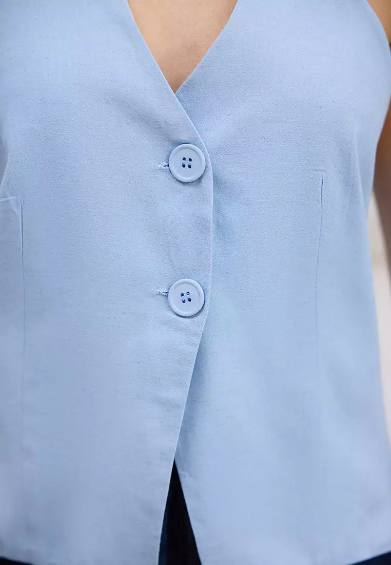 Blue Regular Linen Look Halter Neck Regular Vest Twoss25Ye00096