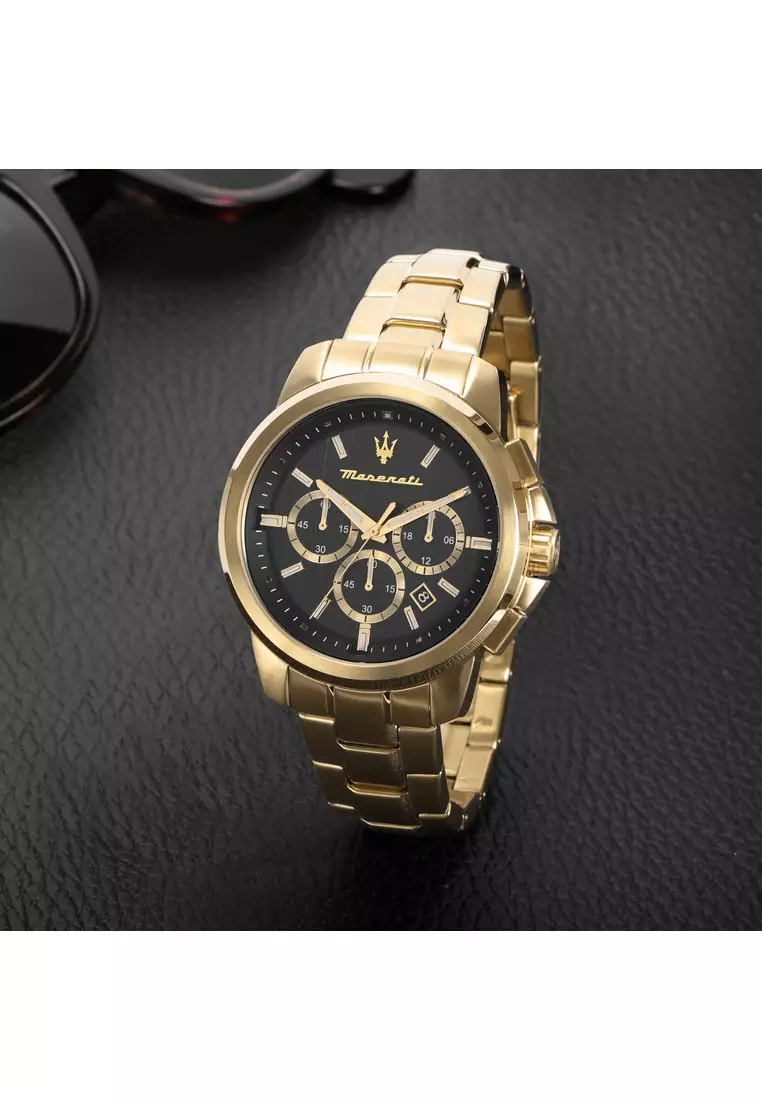 【2 Years Warranty】Maserati Successo -  44mm Black Dial Gold Stainless Steel Strap Men's Chronograph Quartz Watch R8873621013 With Luminous Dial Hands