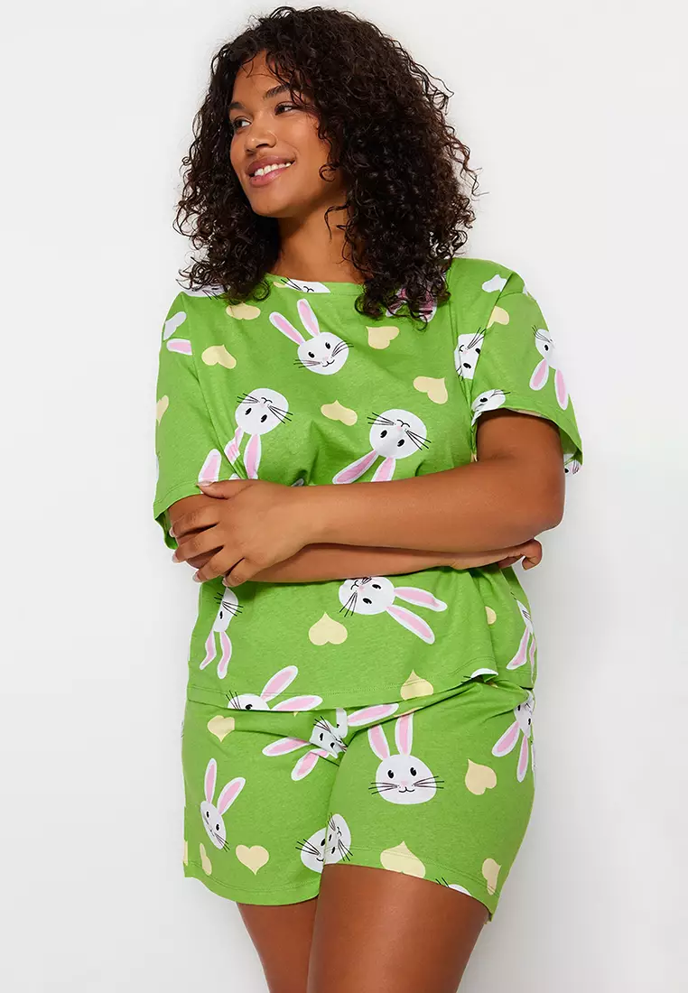 Buy Trendyol Plus Size Printed Cotton Pajama Set Online ZALORA