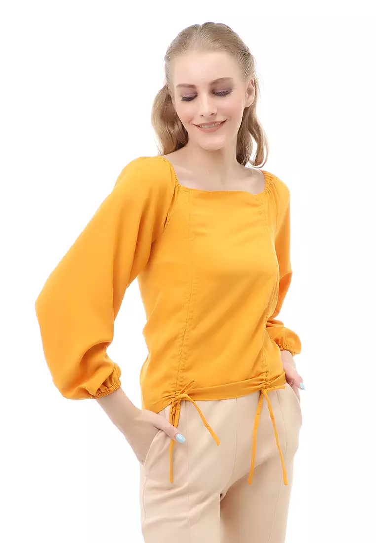 Cheva Blouse Atasan Wanita Sabrina Tali Lengan Panjang Casual Top Long Sleeve Comfortable Material Wolfis ORIGINAL - Mustard