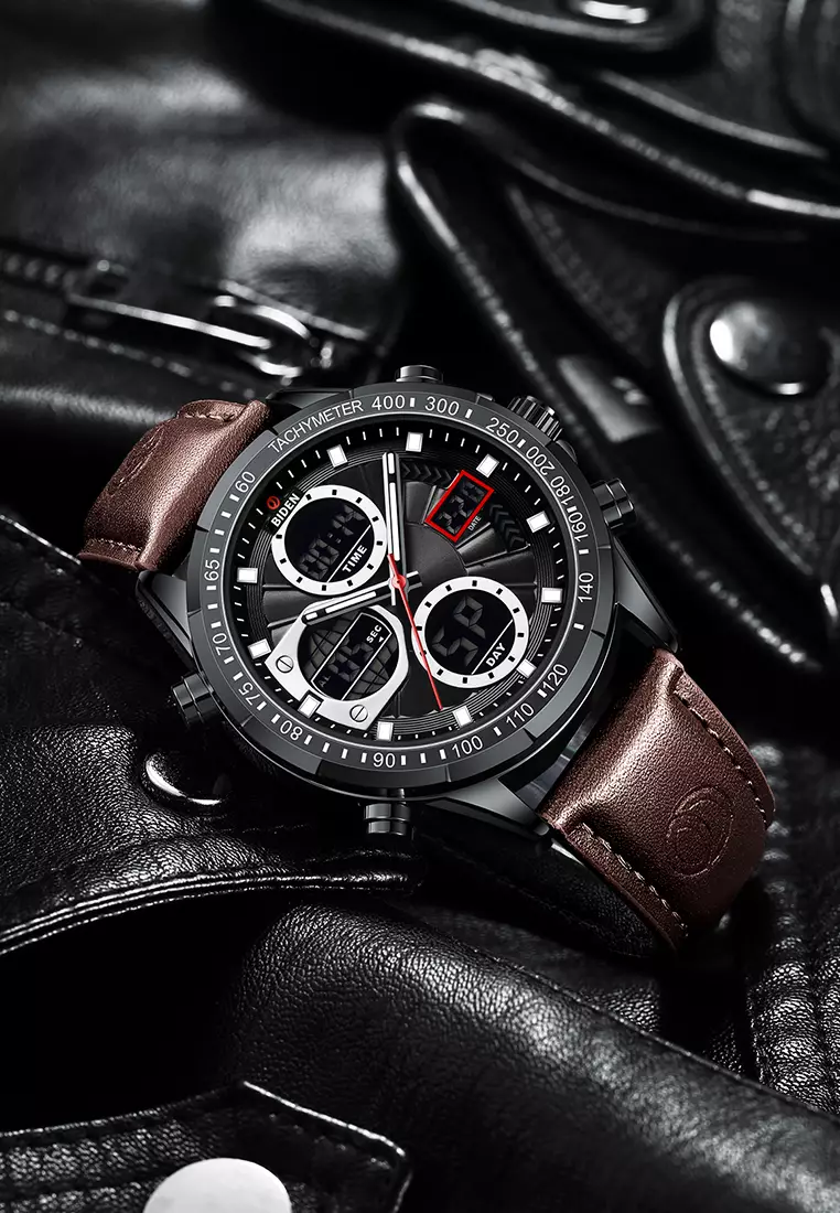 Jam Tangan Pria Original Multifungsi Analog&Digital Tali Kulit Olahraga Anti Air Jam Tangan Cowok Brownblack