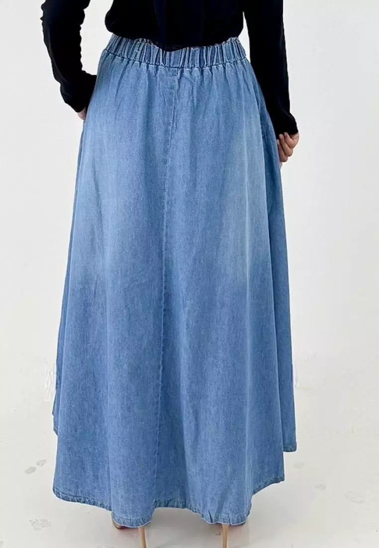 Vanya Denim Flare Skirt (Rok Panjang Muslim Wanita A-Line) Fit BB 95 kg